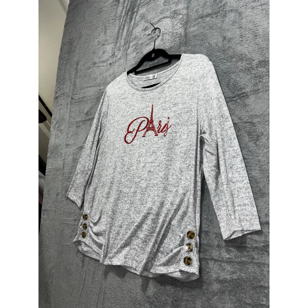 Retrelogy XL Womens Gray Paris Eiffel Tower Graphic 3/4 Sleeve Top Casual Cozy