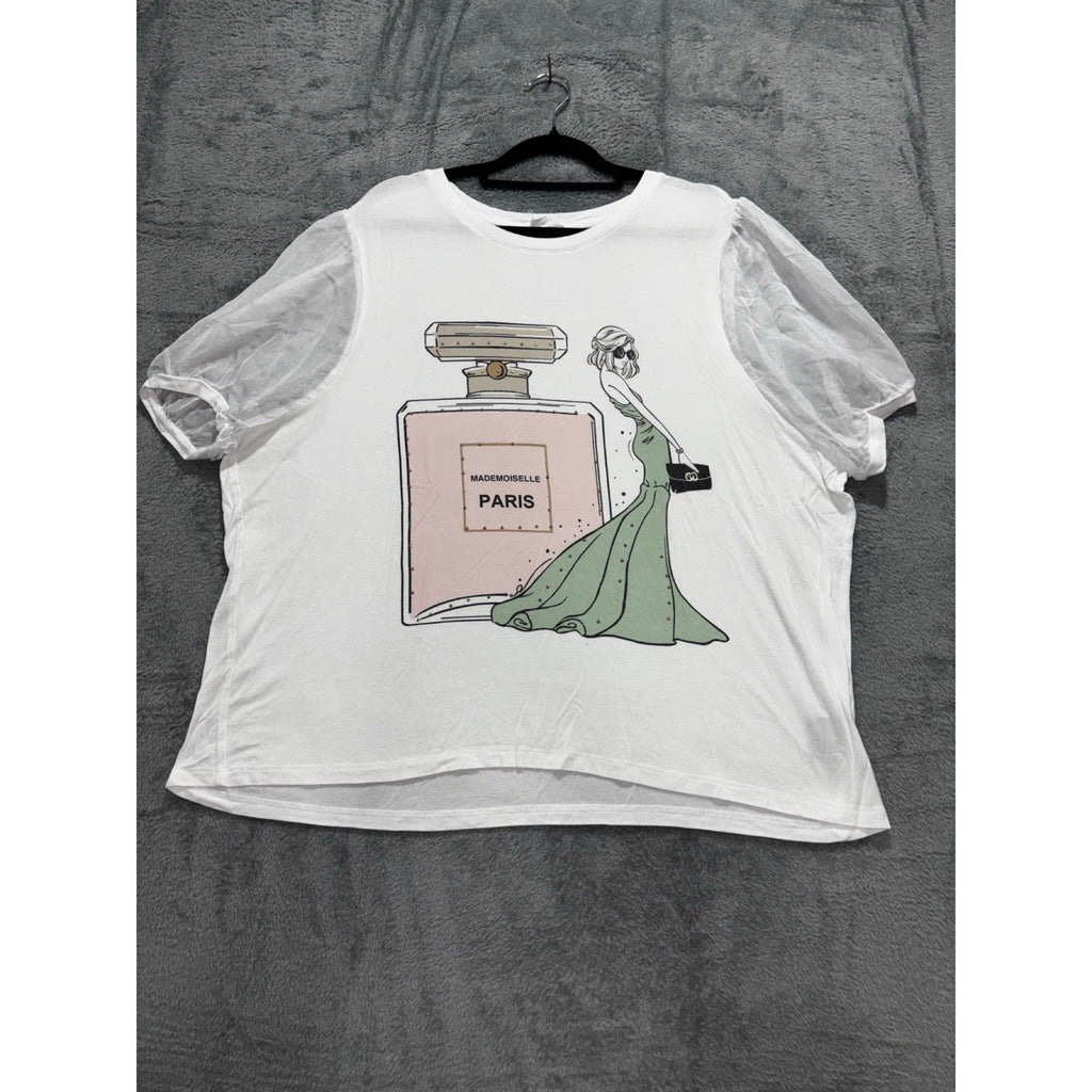Love & Lace 1X White Womens Paris Graphic Tee Sheer Organza Sleeve Boho Casual