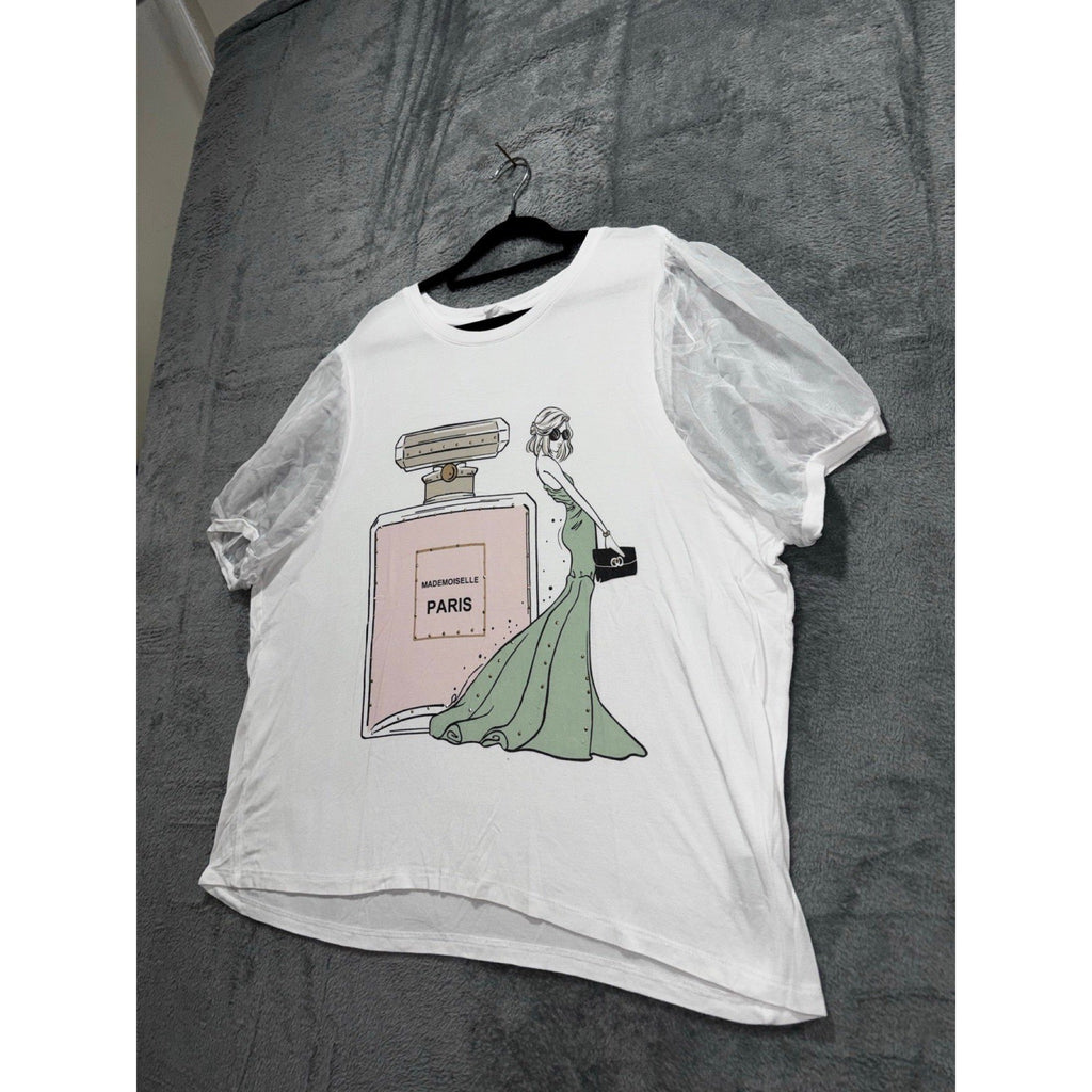 Love & Lace 1X White Womens Paris Graphic Tee Sheer Organza Sleeve Boho Casual