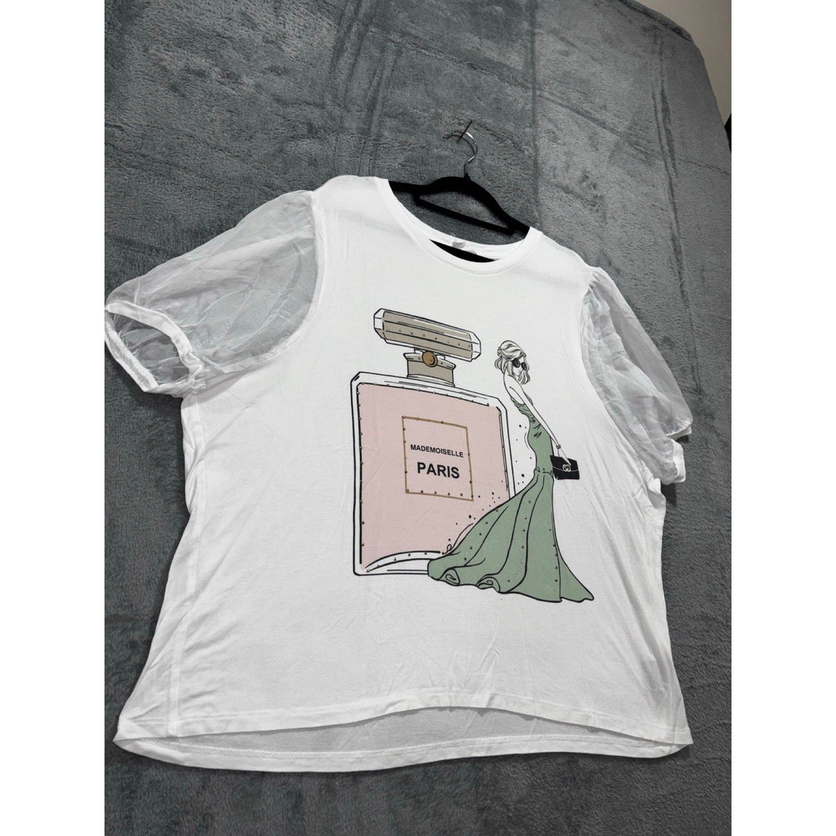 Love & Lace 1X White Womens Paris Graphic Tee Sheer Organza Sleeve Boho Casual