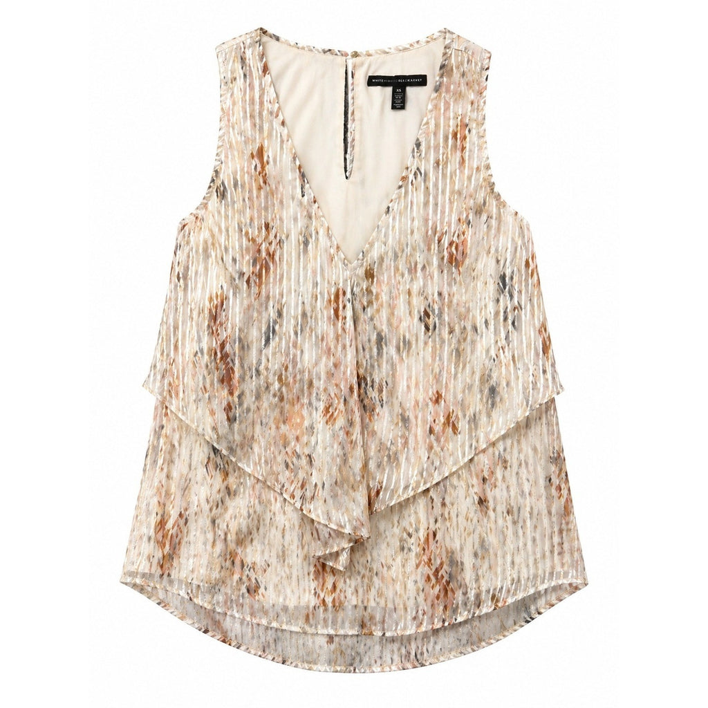White House Black Market XS Tiered Ruffle Shell Top Metallic Stripe Abstract Tan