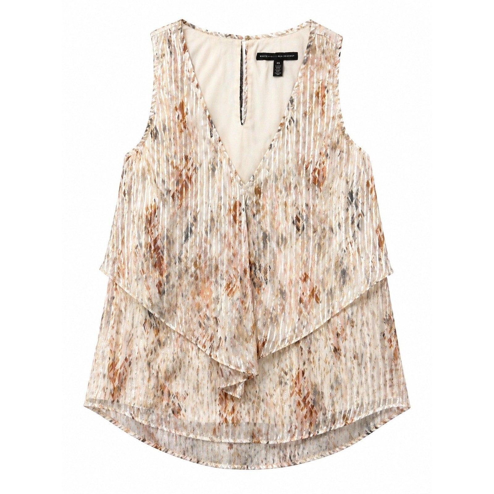 White House Black Market XS Tiered Ruffle Shell Top Metallic Stripe Abstract Tan