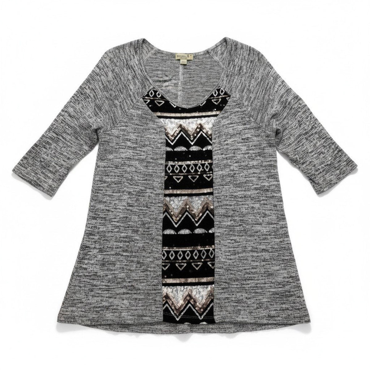 Oneworld Womens S Gray Sequin Panel Tunic Top Boho Casual Cozy Festival
