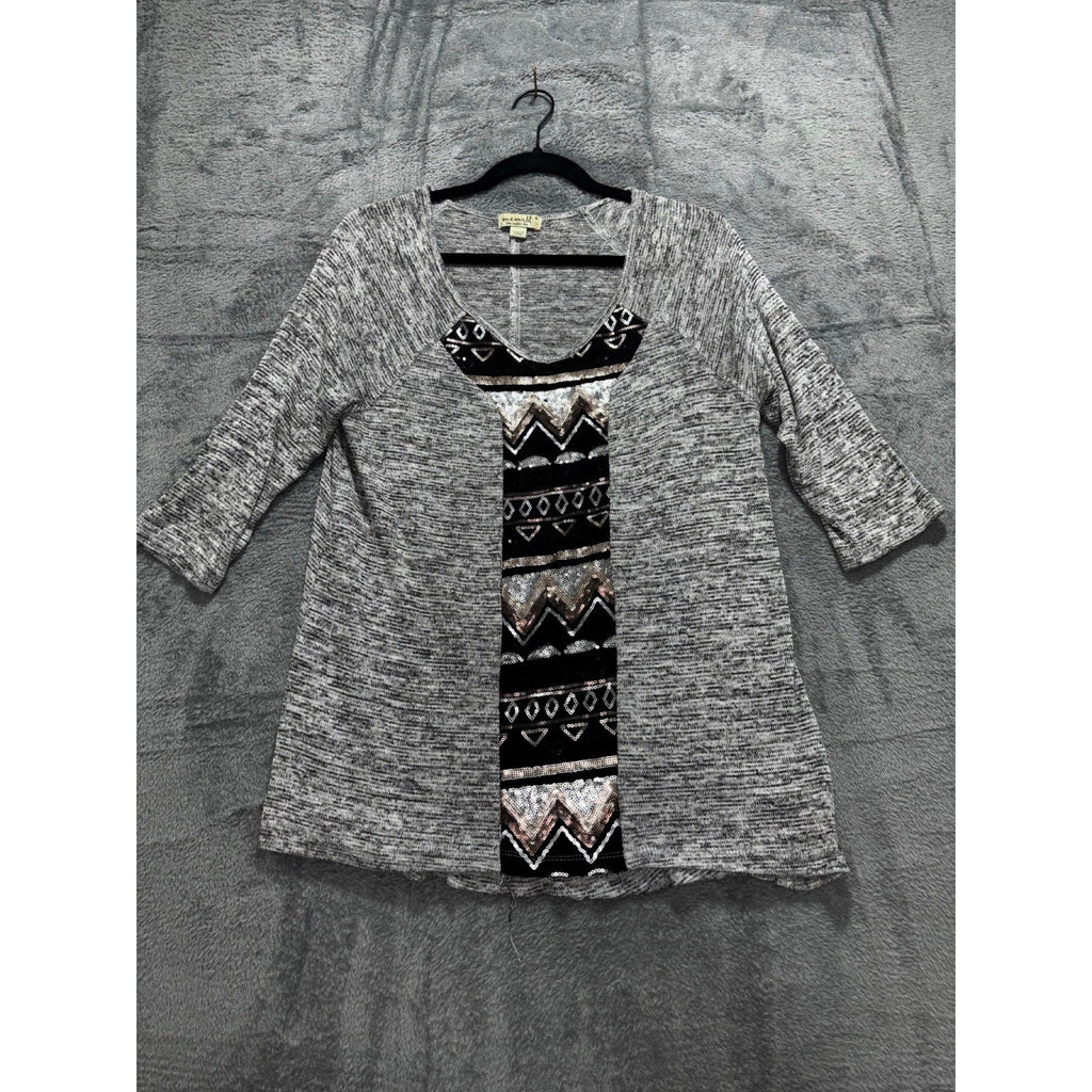 Oneworld Womens S Gray Sequin Panel Tunic Top Boho Casual Cozy Festival