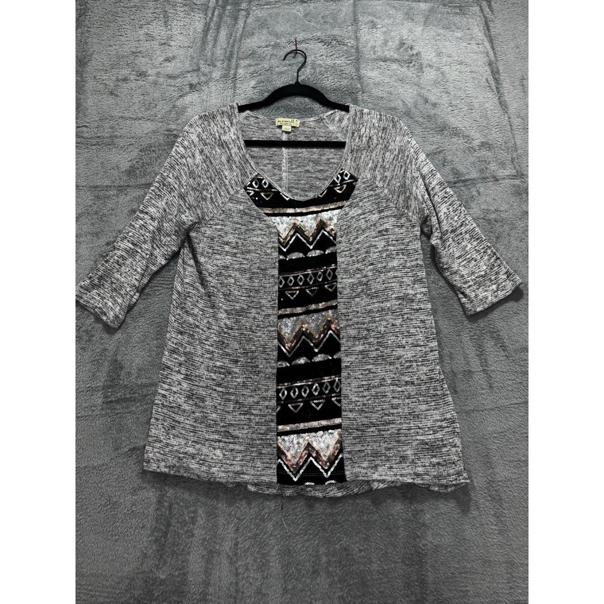 Oneworld Womens S Gray Sequin Panel Tunic Top Boho Casual Cozy Festival