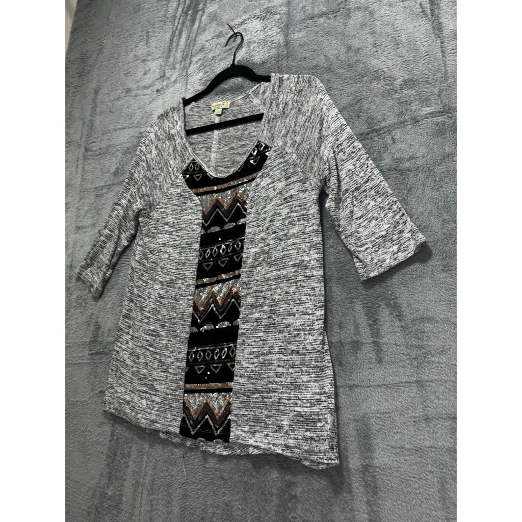 Oneworld Womens S Gray Sequin Panel Tunic Top Boho Casual Cozy Festival