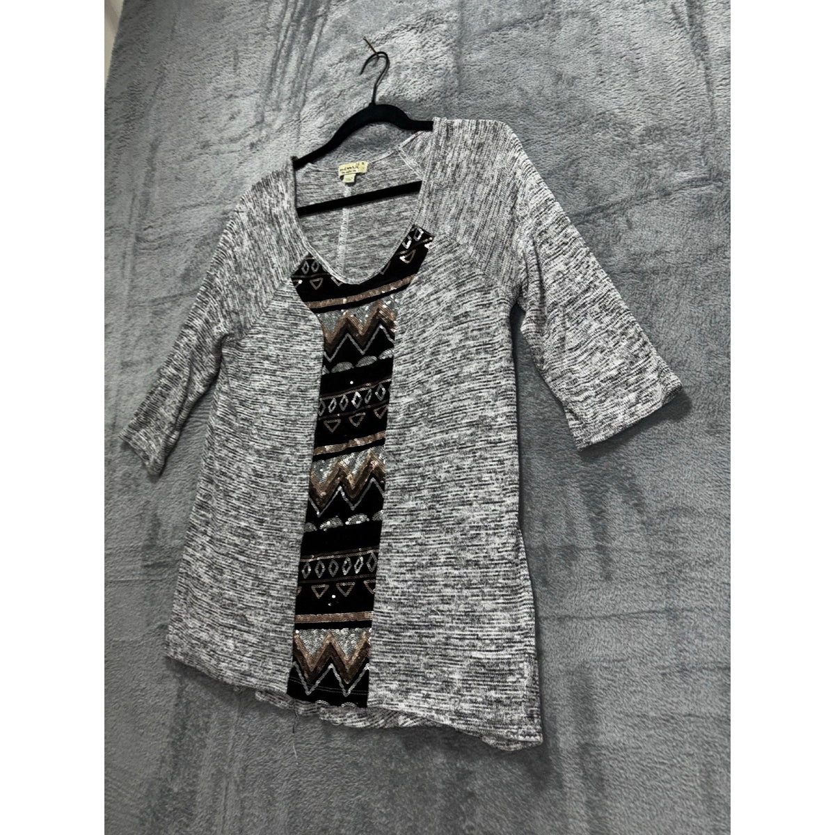 Oneworld Womens S Gray Sequin Panel Tunic Top Boho Casual Cozy Festival