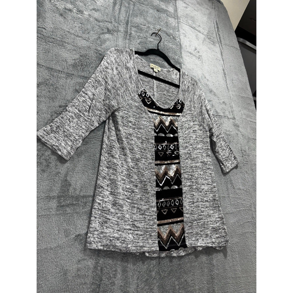Oneworld Womens S Gray Sequin Panel Tunic Top Boho Casual Cozy Festival