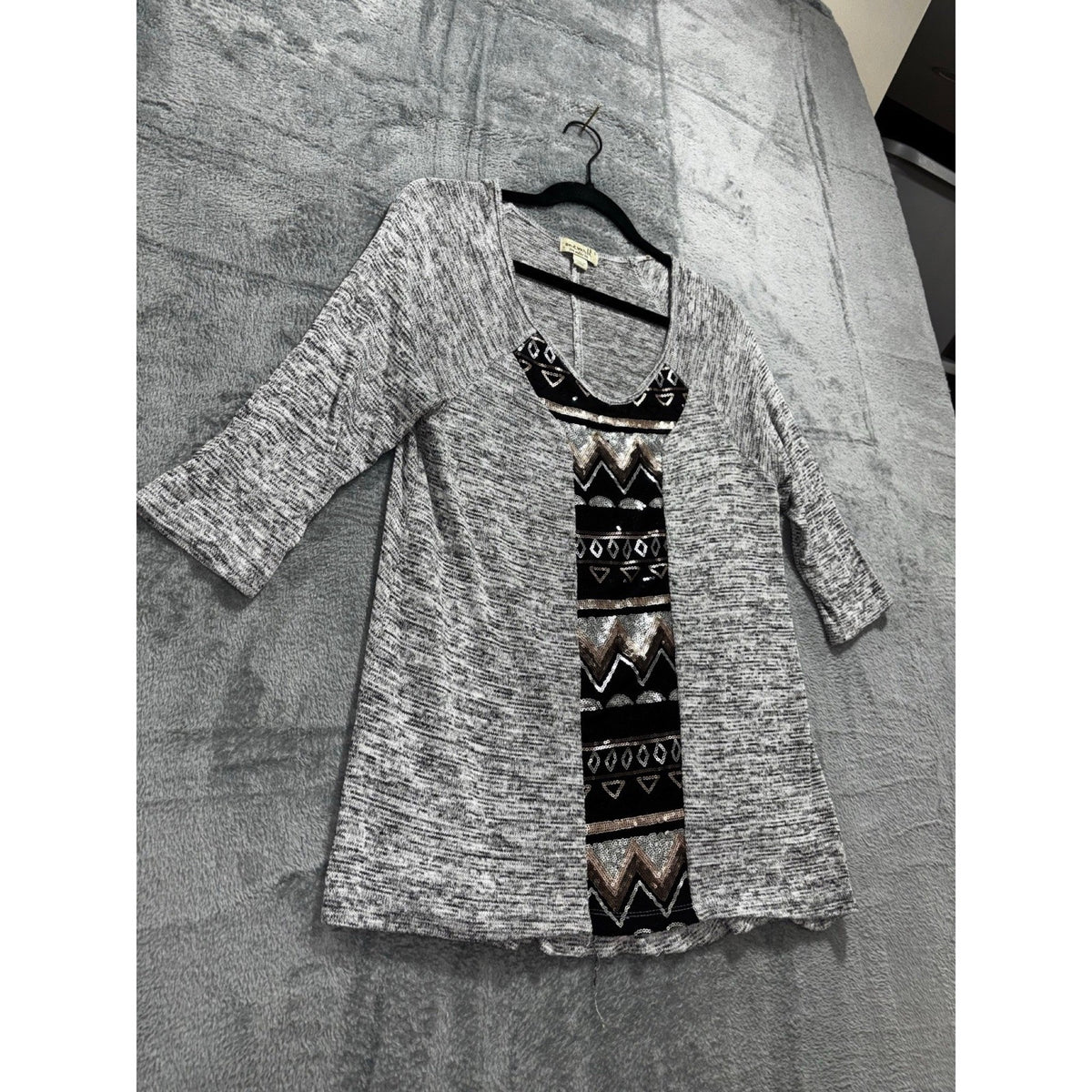 Oneworld Womens S Gray Sequin Panel Tunic Top Boho Casual Cozy Festival