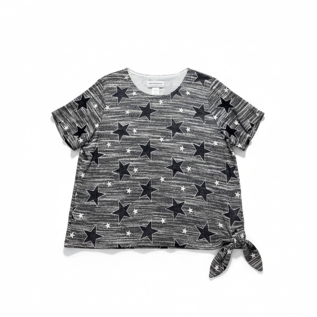 Alfred Dunner PL Womens Gray Star Print Short Sleeve Sweater Casual Tie