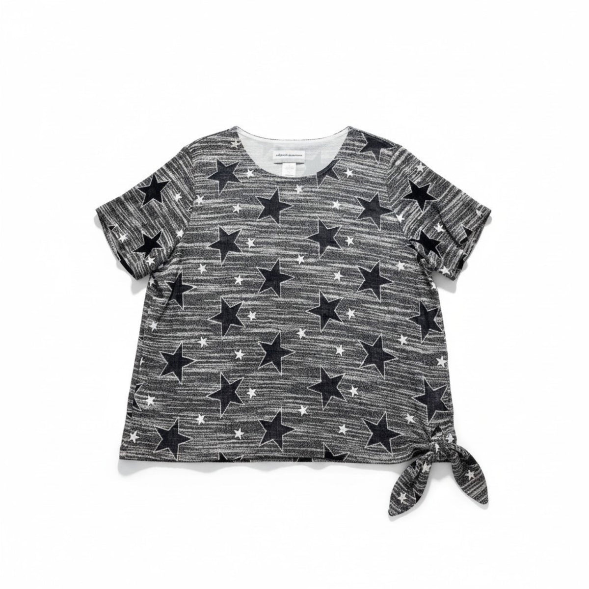 Alfred Dunner PL Womens Gray Star Print Short Sleeve Sweater Casual Tie