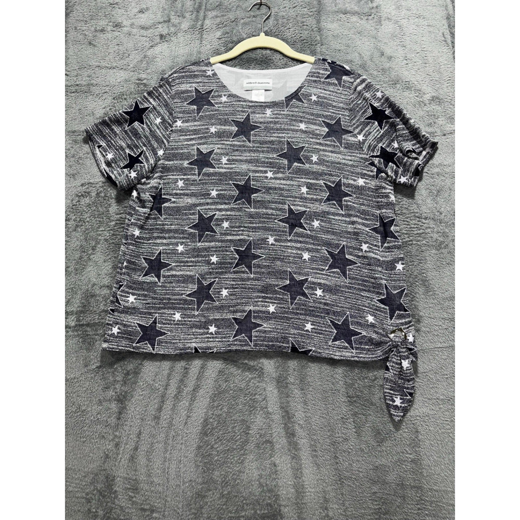 Alfred Dunner PL Womens Gray Star Print Short Sleeve Sweater Casual Tie