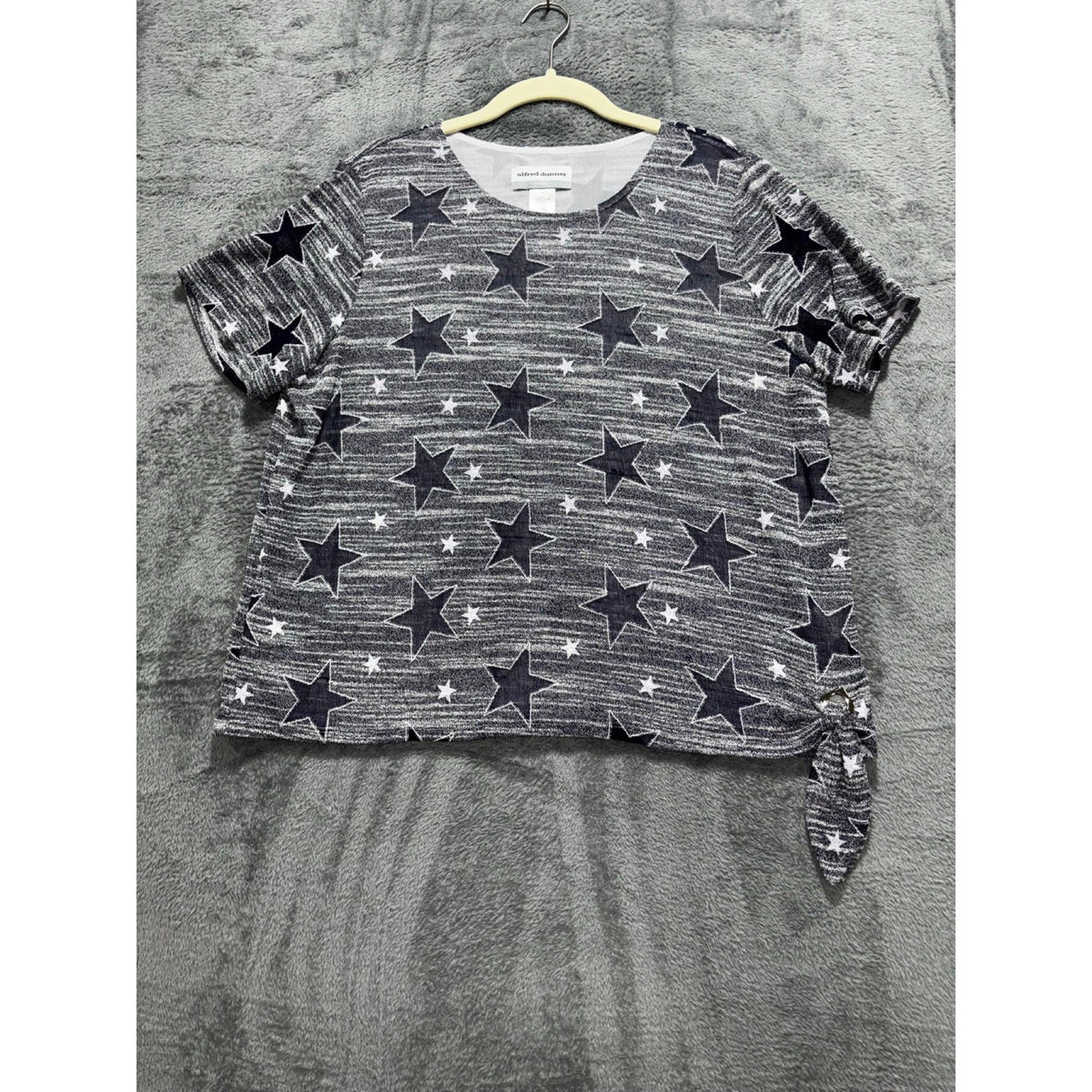 Alfred Dunner PL Womens Gray Star Print Short Sleeve Sweater Casual Tie