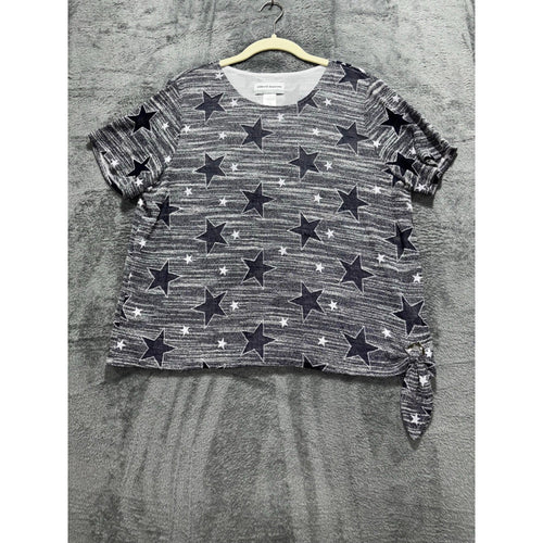 Alfred Dunner PL Womens Gray Star Print Short Sleeve Sweater Casual Tie
