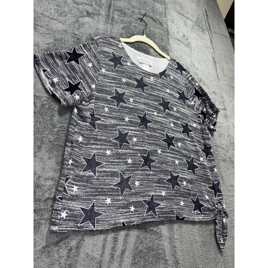 Alfred Dunner PL Womens Gray Star Print Short Sleeve Sweater Casual Tie