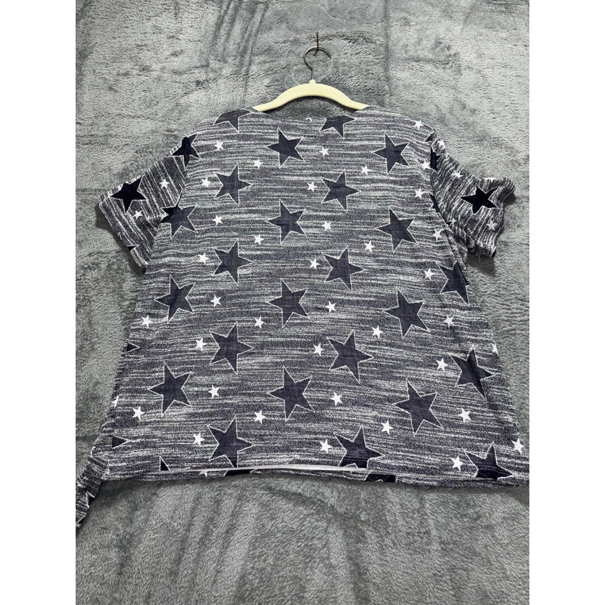 Alfred Dunner PL Womens Gray Star Print Short Sleeve Sweater Casual Tie