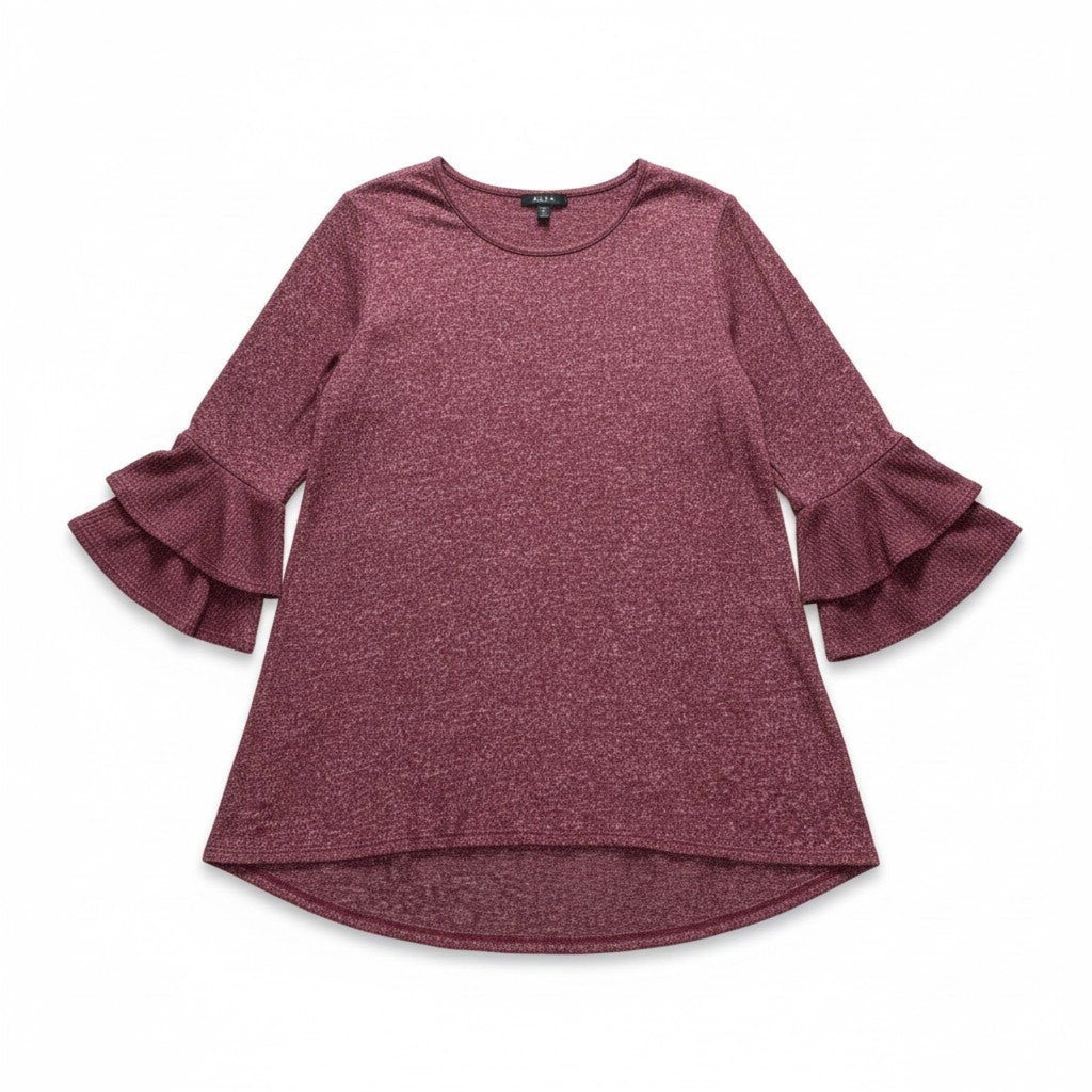 ALYX Womens L Burgundy Heather Ruffle Sleeve Top Boho Casual Cozy