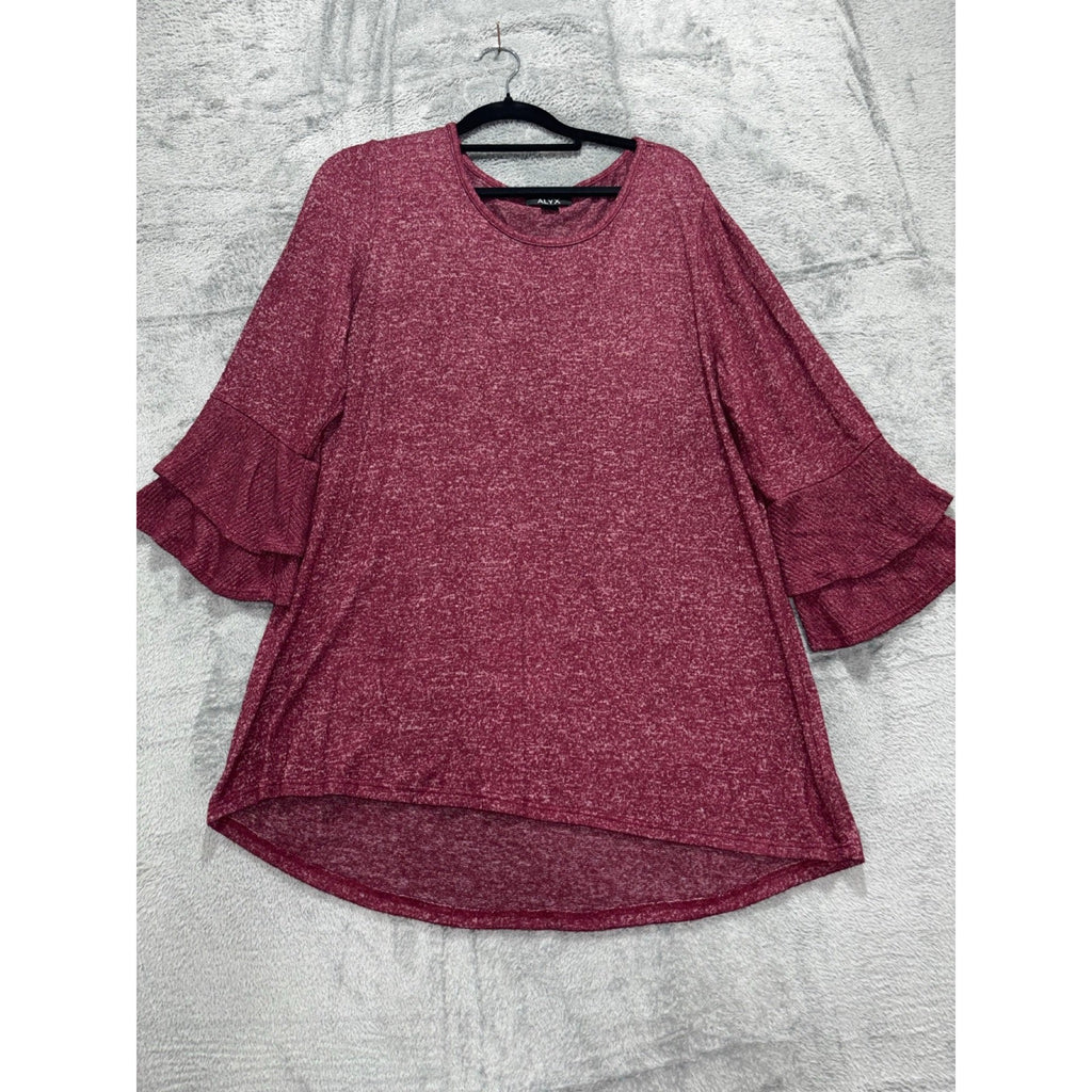 ALYX Womens L Burgundy Heather Ruffle Sleeve Top Boho Casual Cozy