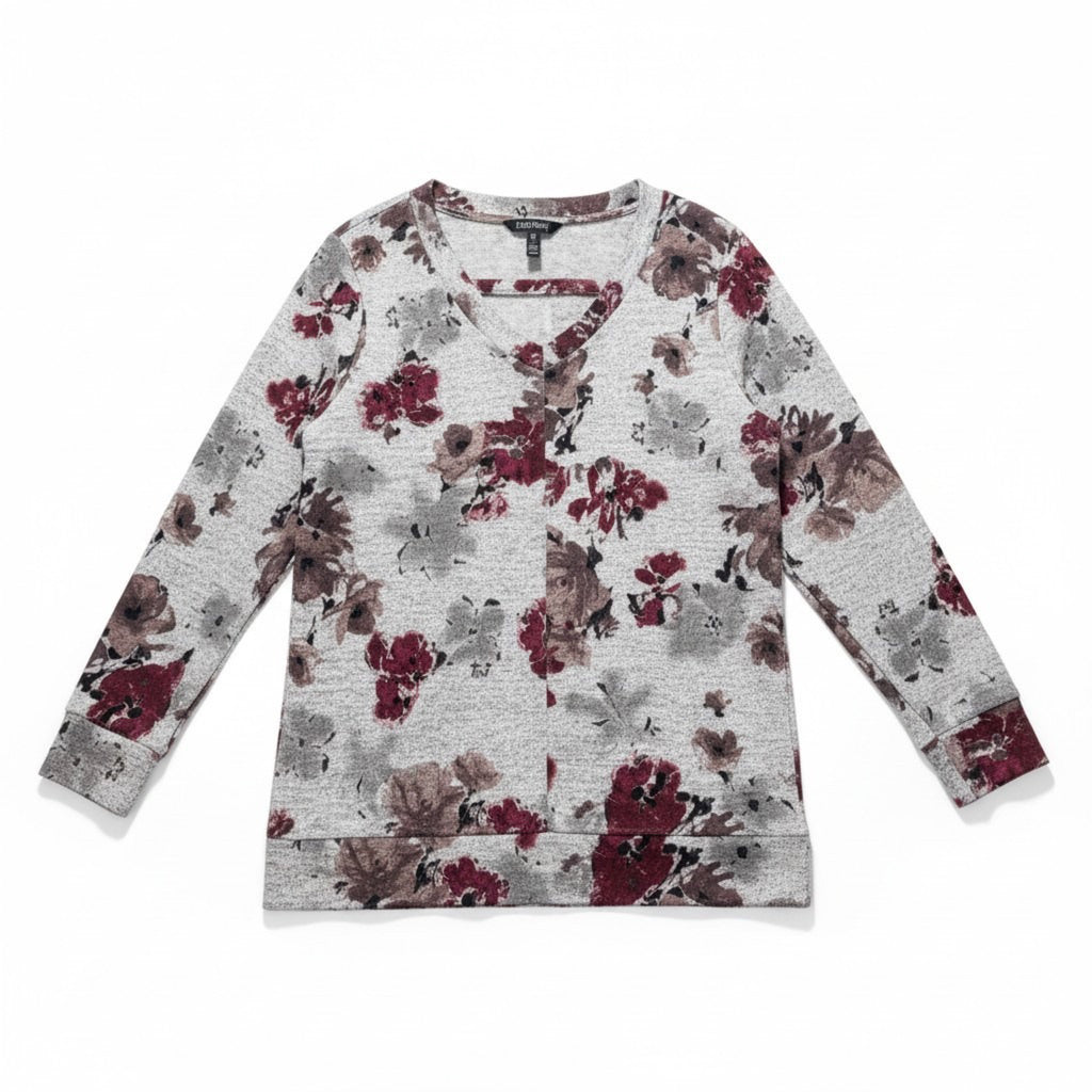 Ellen Tracy L Womens Gray Burgundy Floral V-Neck Sweater Boho Casual Cozy