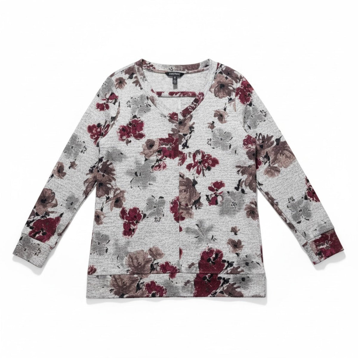 Ellen Tracy L Womens Gray Burgundy Floral V-Neck Sweater Boho Casual Cozy