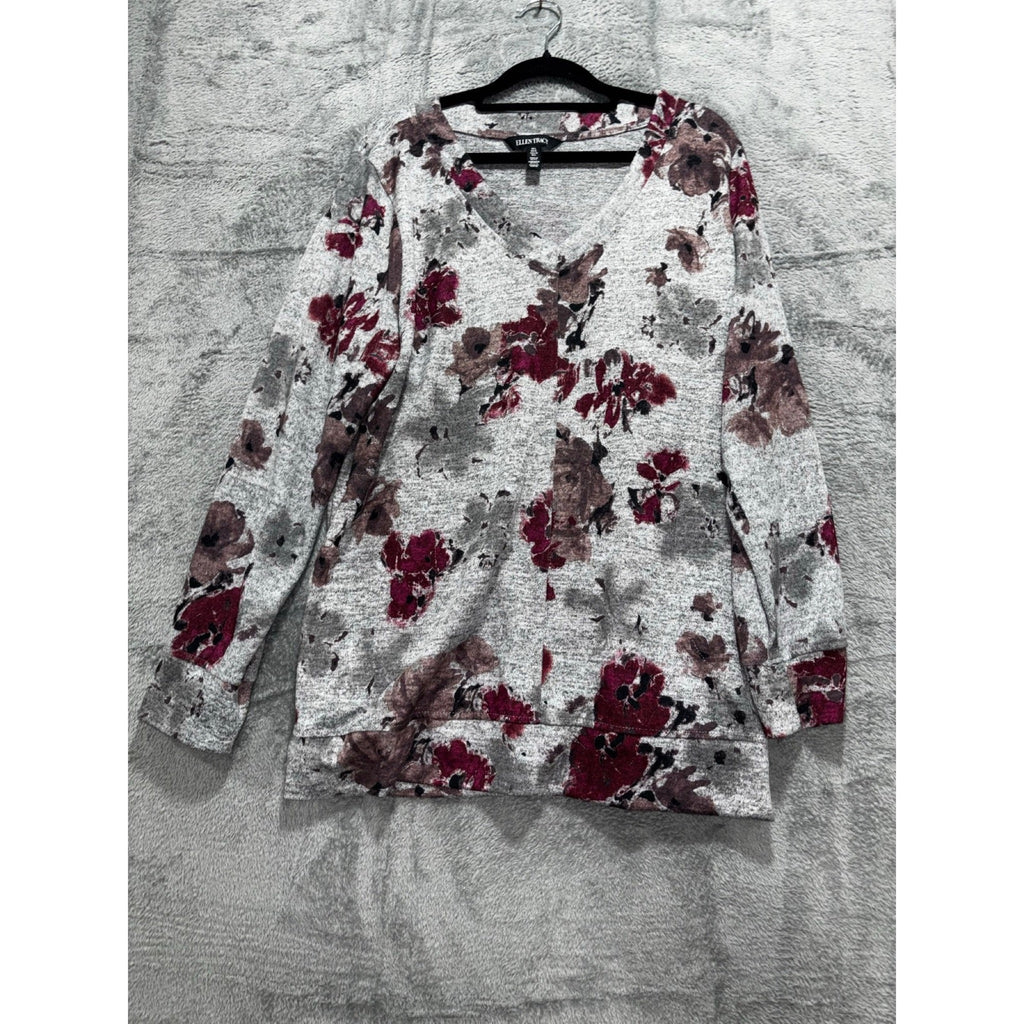 Ellen Tracy L Womens Gray Burgundy Floral V-Neck Sweater Boho Casual Cozy