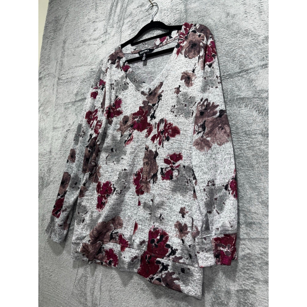 Ellen Tracy L Womens Gray Burgundy Floral V-Neck Sweater Boho Casual Cozy