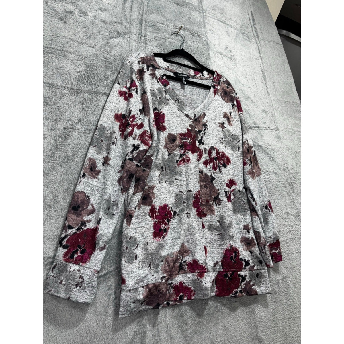Ellen Tracy L Womens Gray Burgundy Floral V-Neck Sweater Boho Casual Cozy