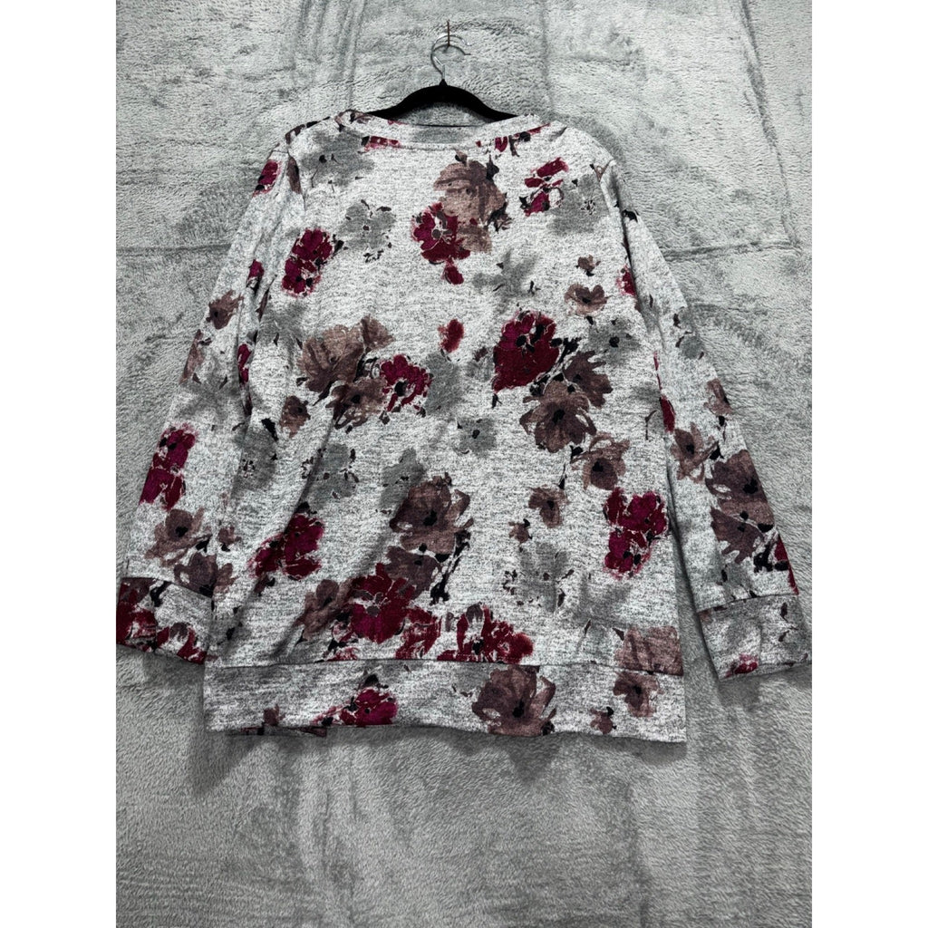 Ellen Tracy L Womens Gray Burgundy Floral V-Neck Sweater Boho Casual Cozy