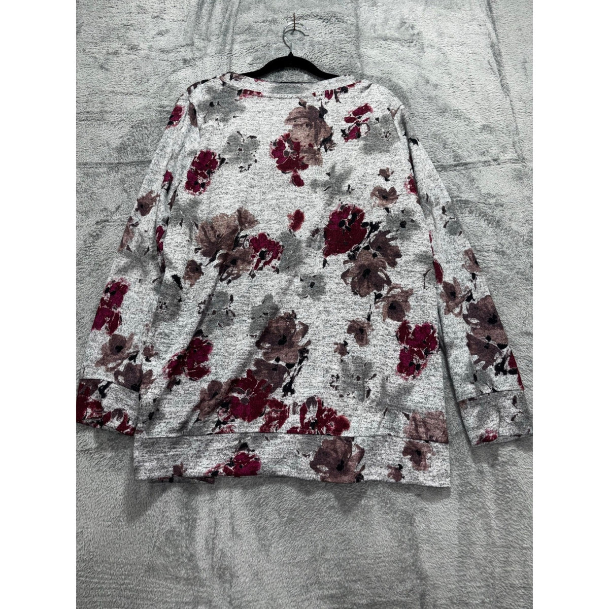Ellen Tracy L Womens Gray Burgundy Floral V-Neck Sweater Boho Casual Cozy