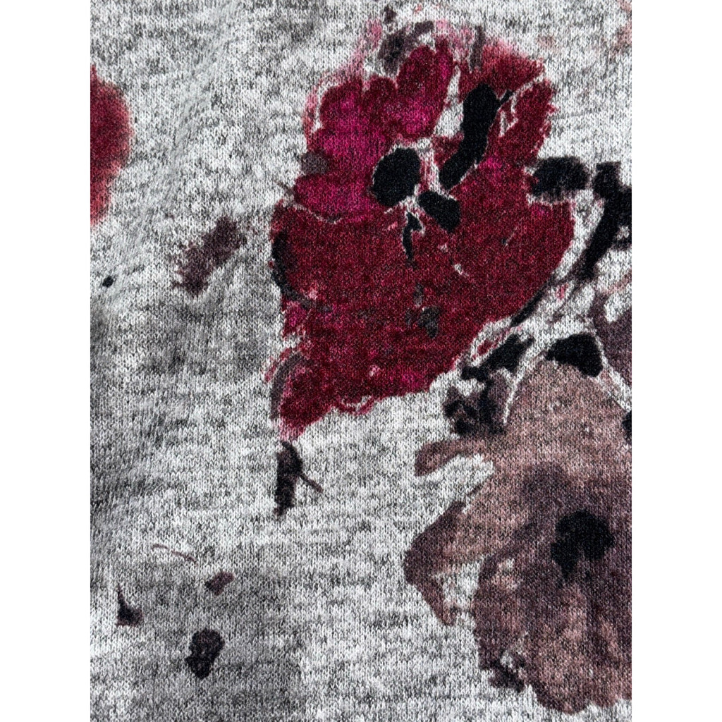 Ellen Tracy L Womens Gray Burgundy Floral V-Neck Sweater Boho Casual Cozy