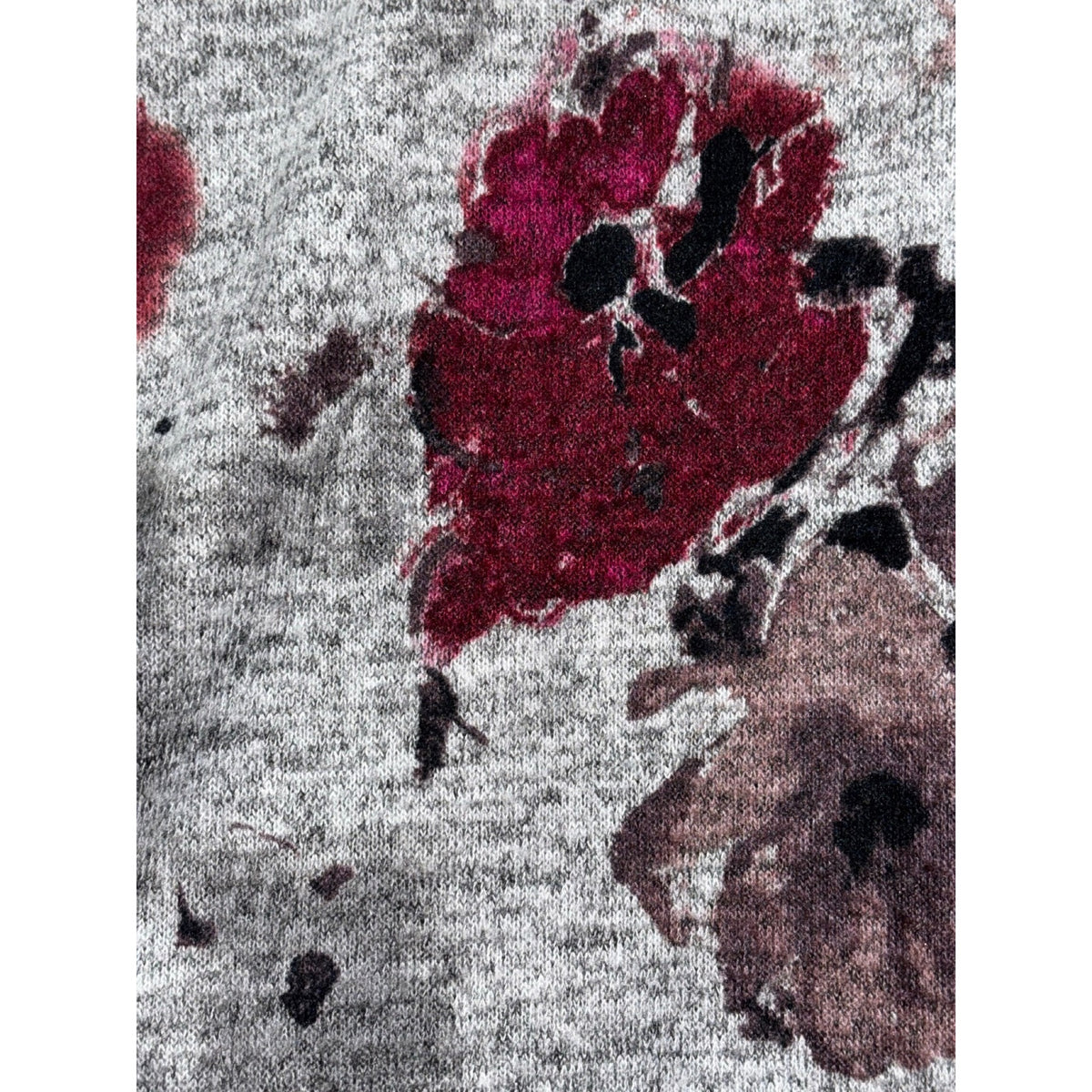Ellen Tracy L Womens Gray Burgundy Floral V-Neck Sweater Boho Casual Cozy