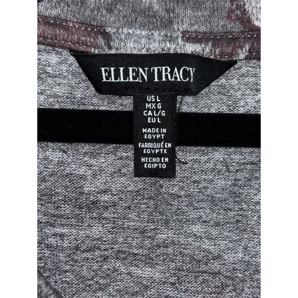 Ellen Tracy L Womens Gray Burgundy Floral V-Neck Sweater Boho Casual Cozy