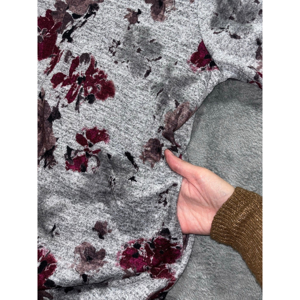 Ellen Tracy L Womens Gray Burgundy Floral V-Neck Sweater Boho Casual Cozy