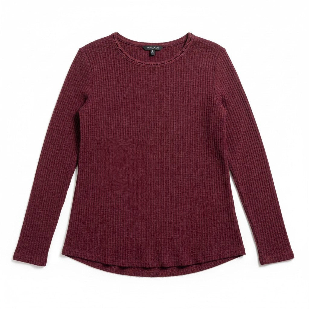 Tahari Womens L Burgundy Waffle Knit Long Sleeve Top Casual Cozy Boho