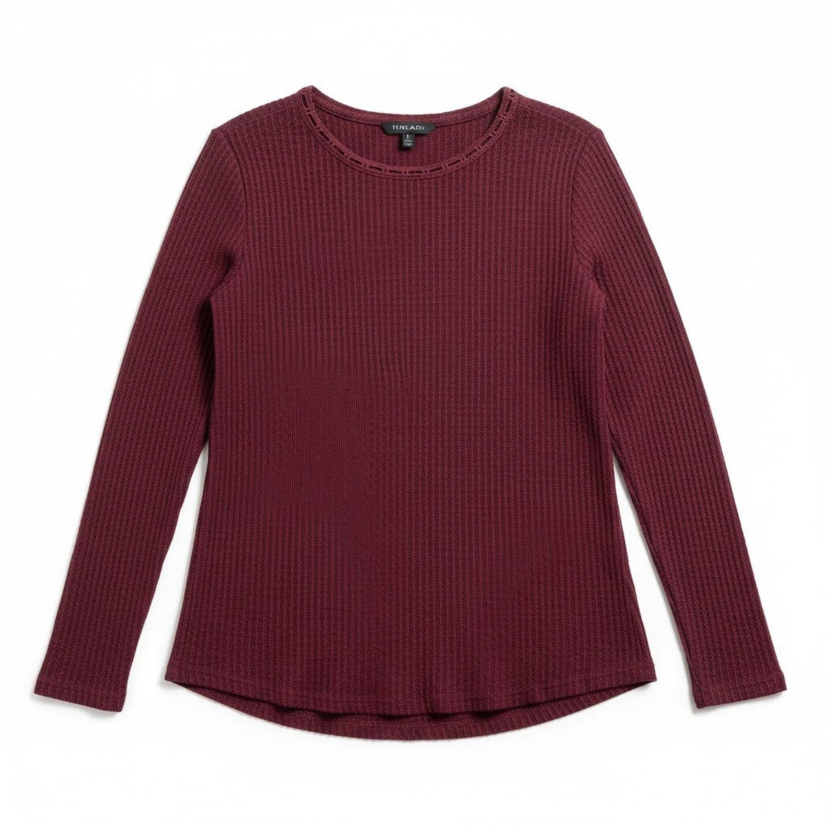 Tahari Womens L Burgundy Waffle Knit Long Sleeve Top Casual Cozy Boho