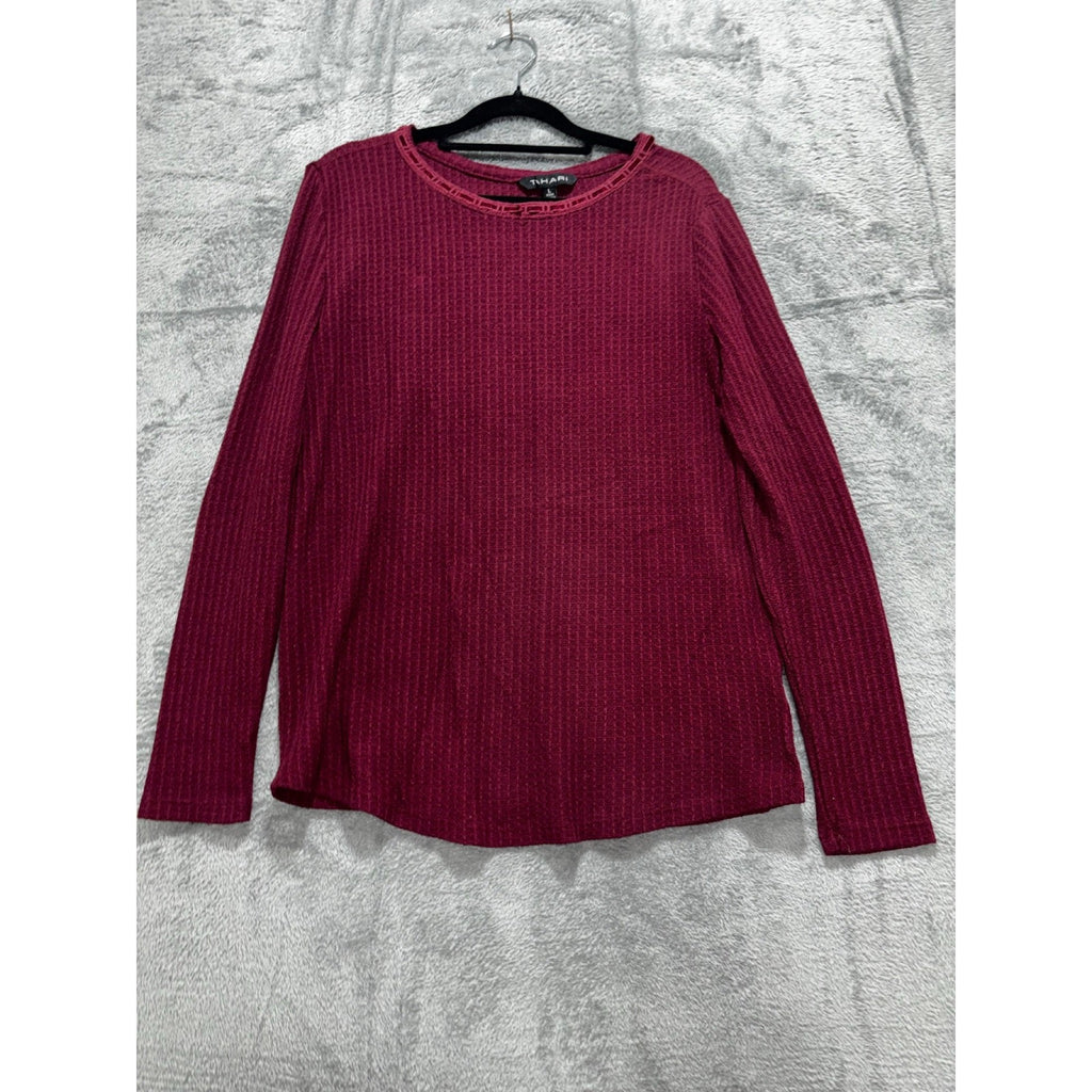Tahari Womens L Burgundy Waffle Knit Long Sleeve Top Casual Cozy Boho
