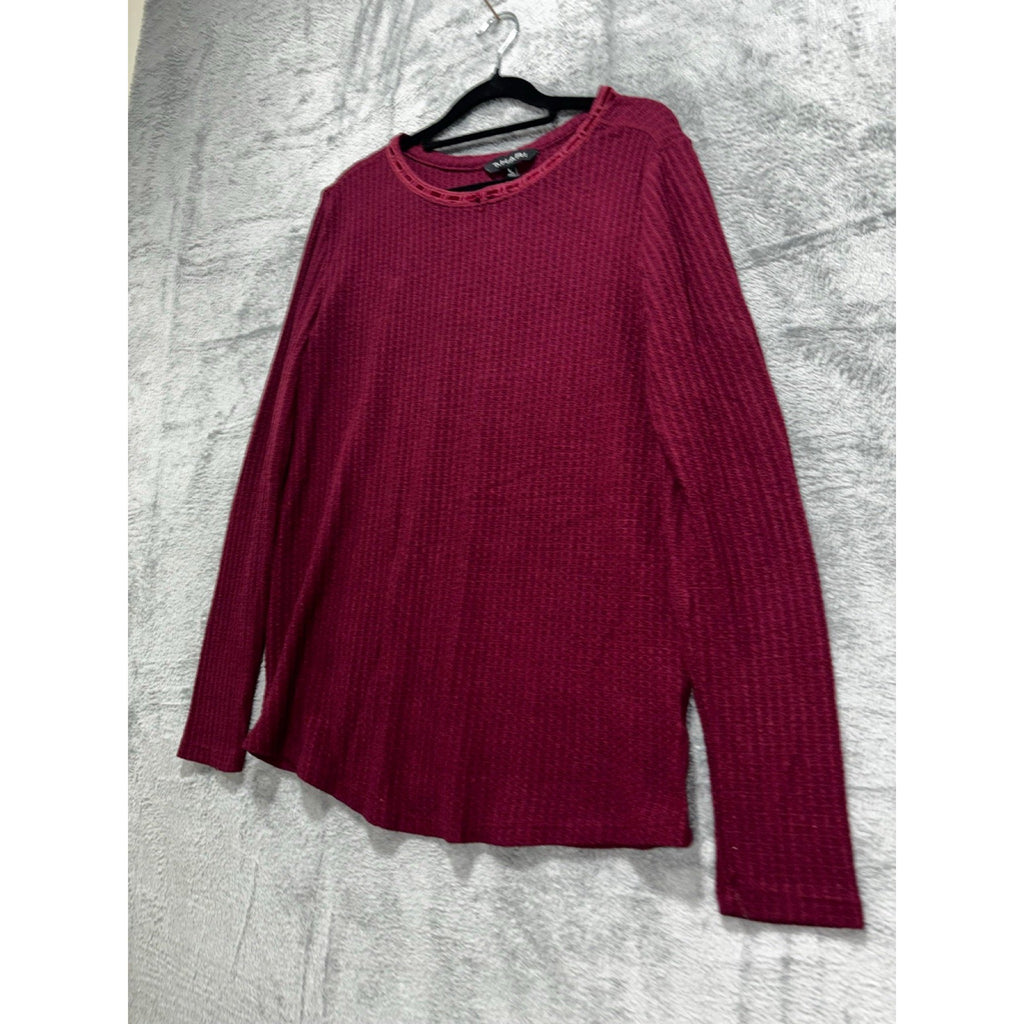 Tahari Womens L Burgundy Waffle Knit Long Sleeve Top Casual Cozy Boho