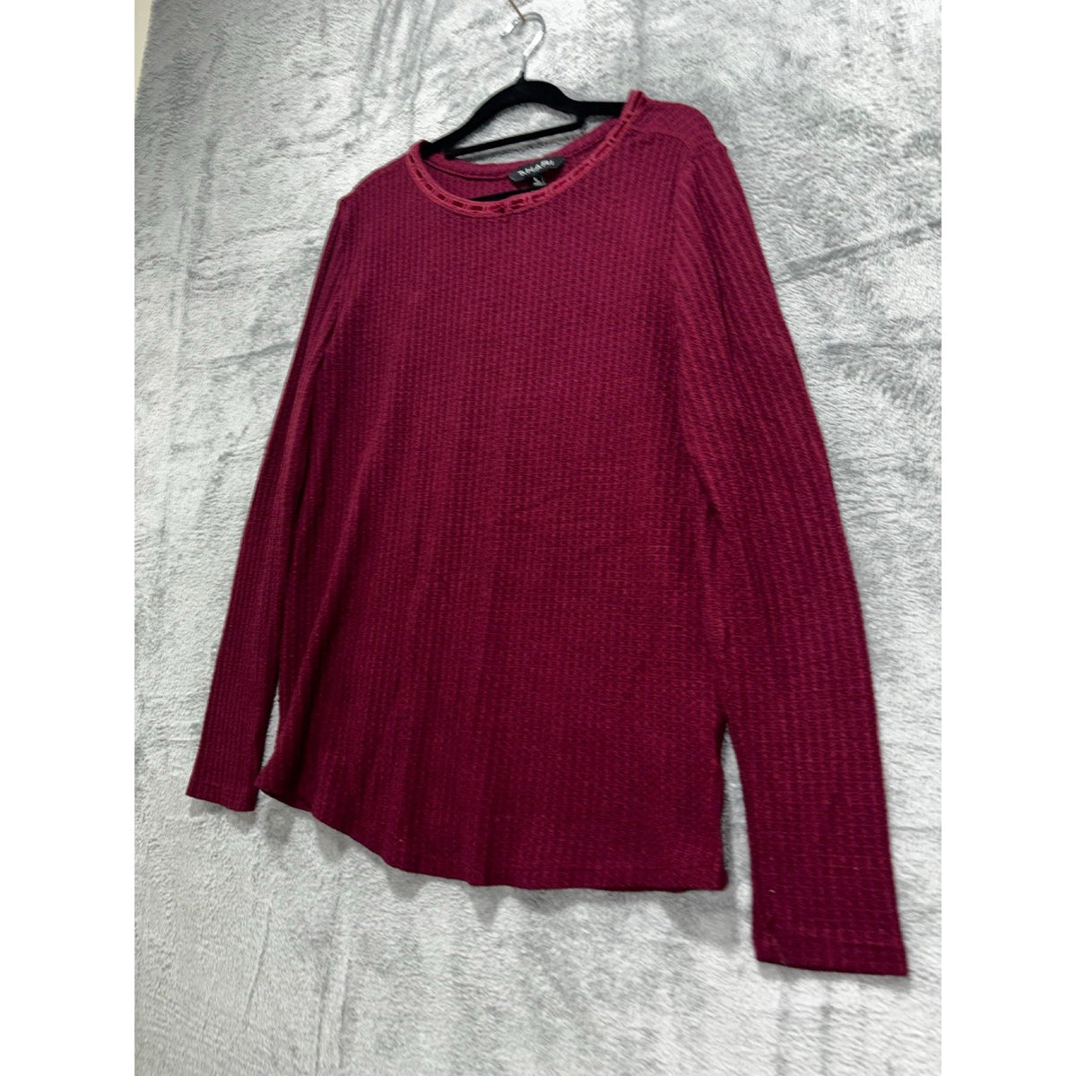 Tahari Womens L Burgundy Waffle Knit Long Sleeve Top Casual Cozy Boho
