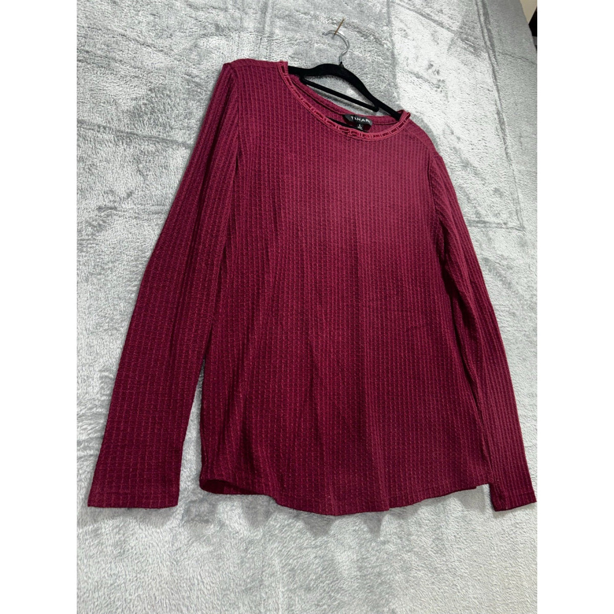 Tahari Womens L Burgundy Waffle Knit Long Sleeve Top Casual Cozy Boho