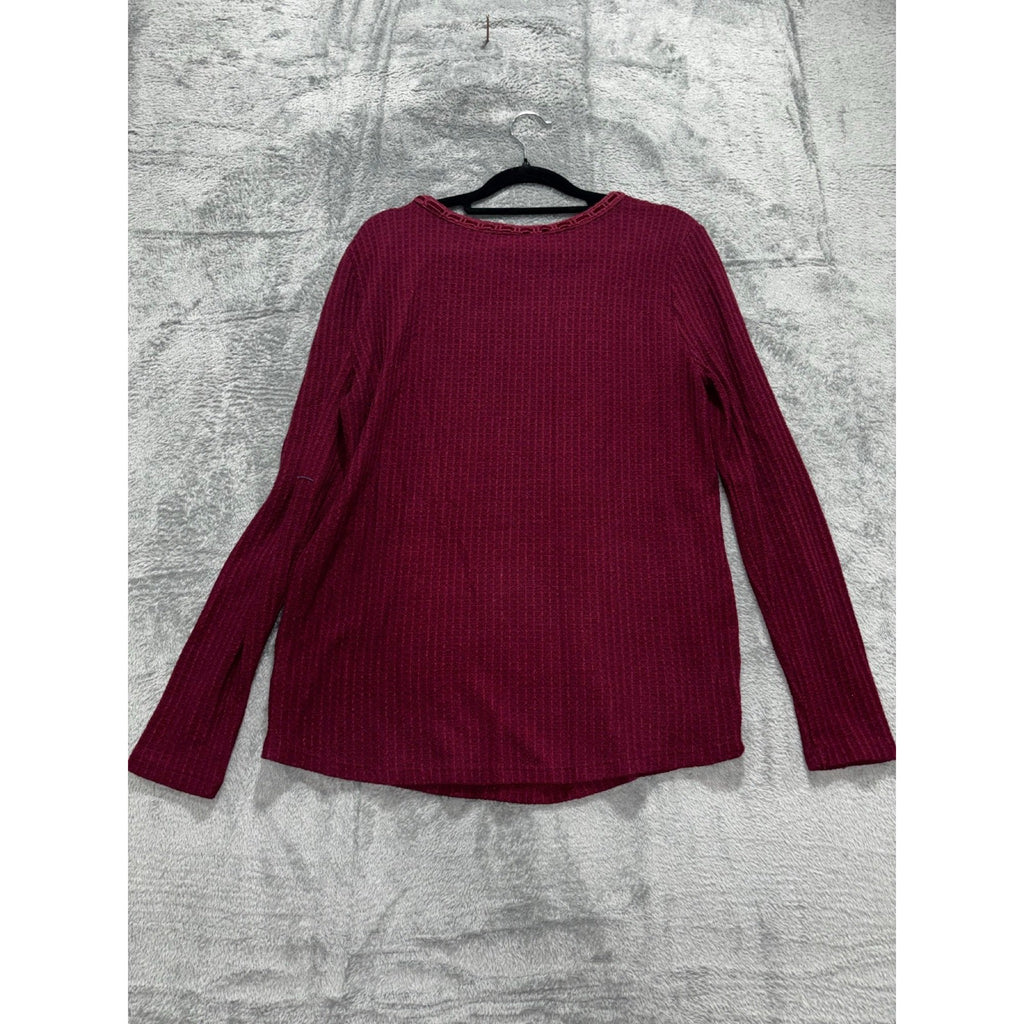 Tahari Womens L Burgundy Waffle Knit Long Sleeve Top Casual Cozy Boho