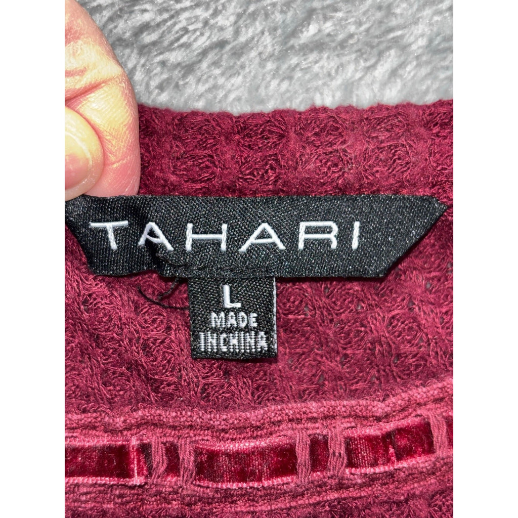 Tahari Womens L Burgundy Waffle Knit Long Sleeve Top Casual Cozy Boho