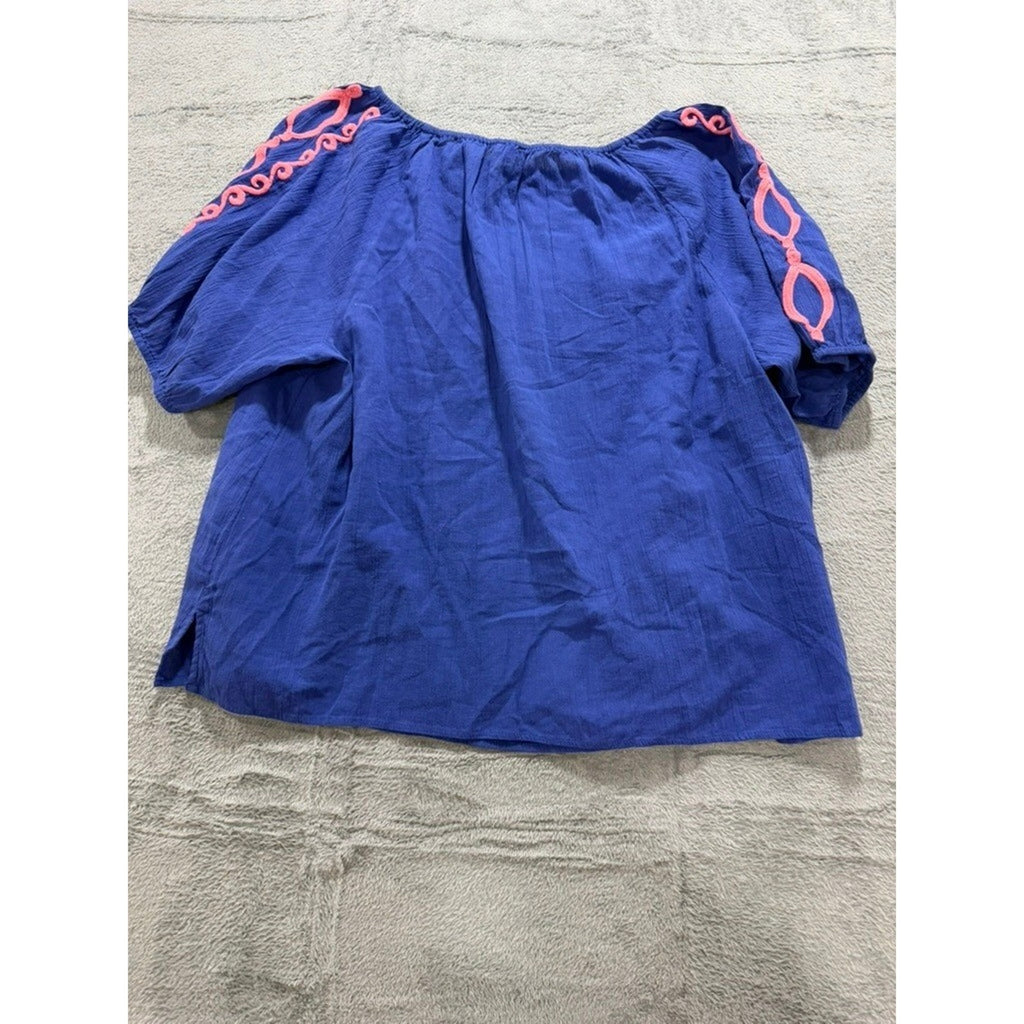 Talbots Petite XL P Blue Coral Embroidered Tassel Peasant Blouse NWT 57095257