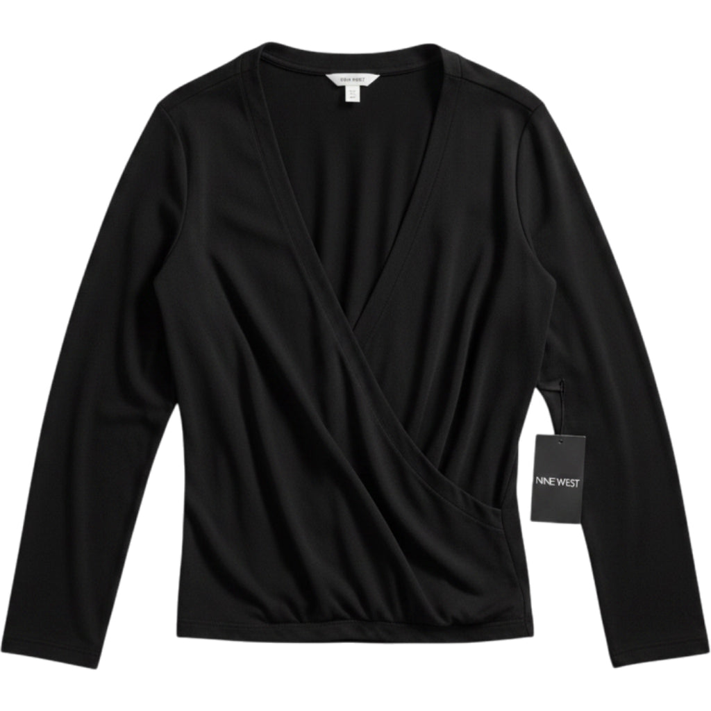 Nine West 2X Black Draped Wrap Blouse Long Sleeve Elegant Workwear Chic