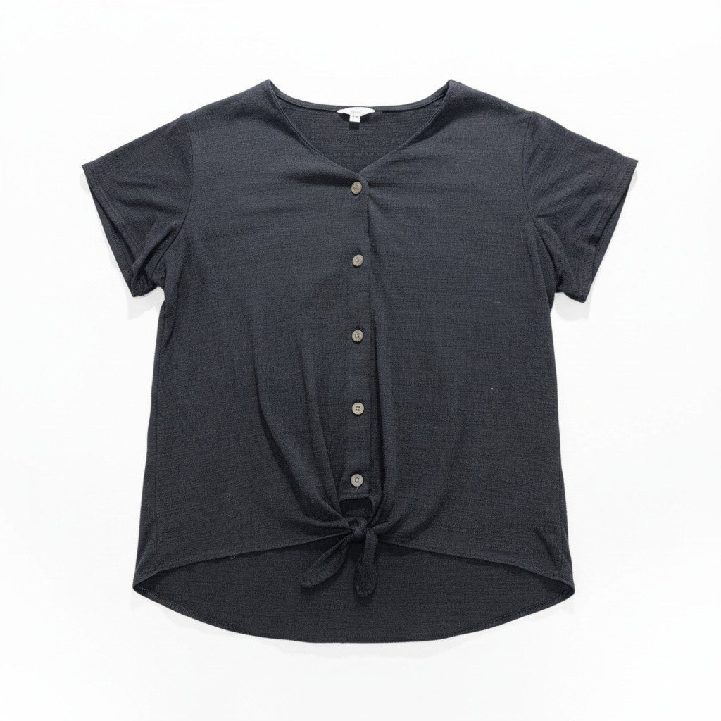 Weatherproof Vintage Womens XL Black Tie Hem Button Front Top Boho Casual Cozy