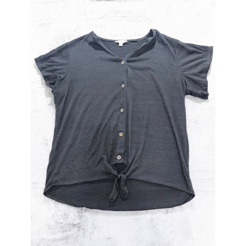 Weatherproof Vintage Womens XL Black Tie Hem Button Front Top Boho Casual Cozy