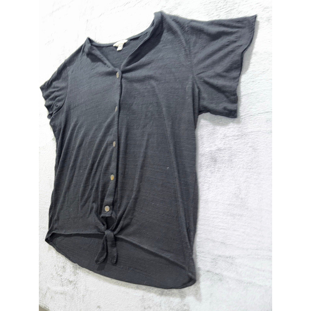 Weatherproof Vintage Womens XL Black Tie Hem Button Front Top Boho Casual Cozy