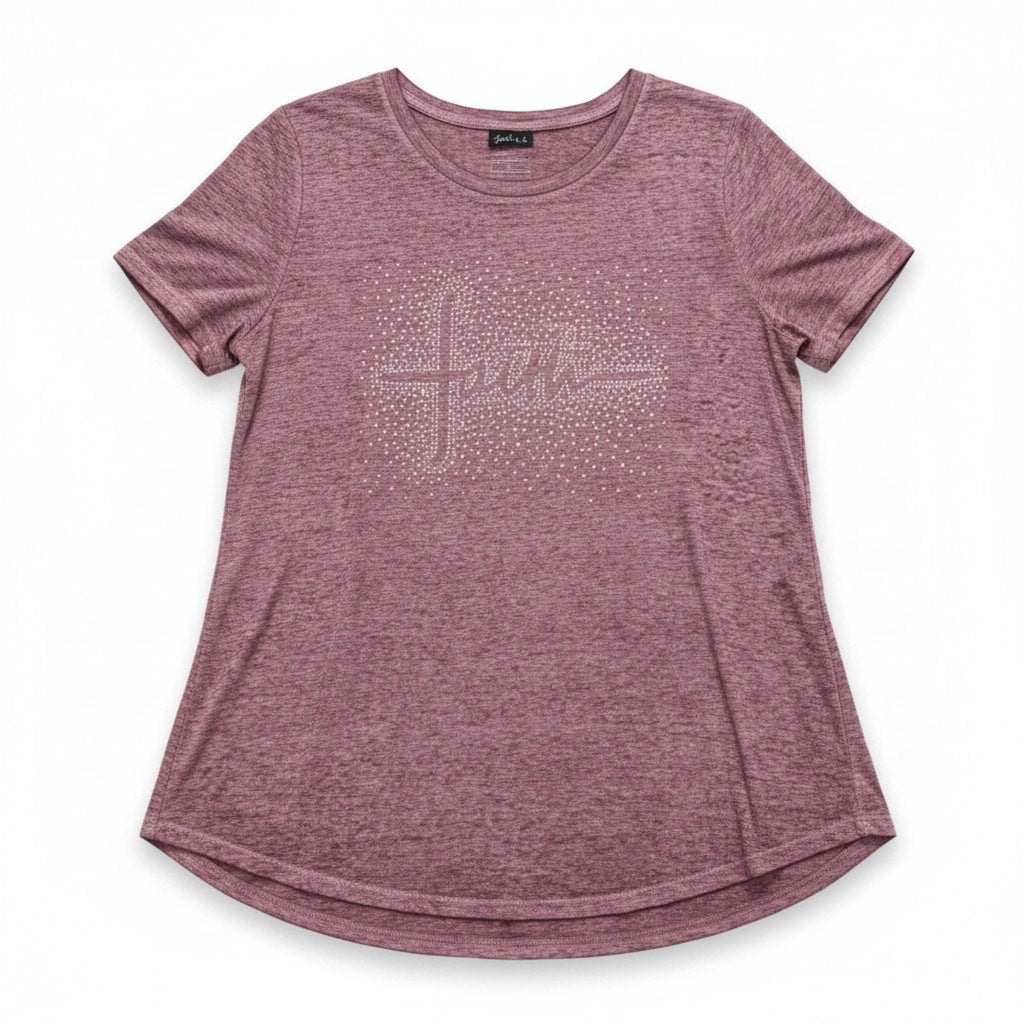 Joei & i Womens 1X Burgundy Heather Rhinestone Cross Tee Casual Boho