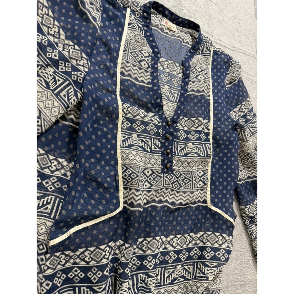 Olsenboye Boho Peplum Blouse Womens Large Blue Tribal Print Sheer Ruffle Top