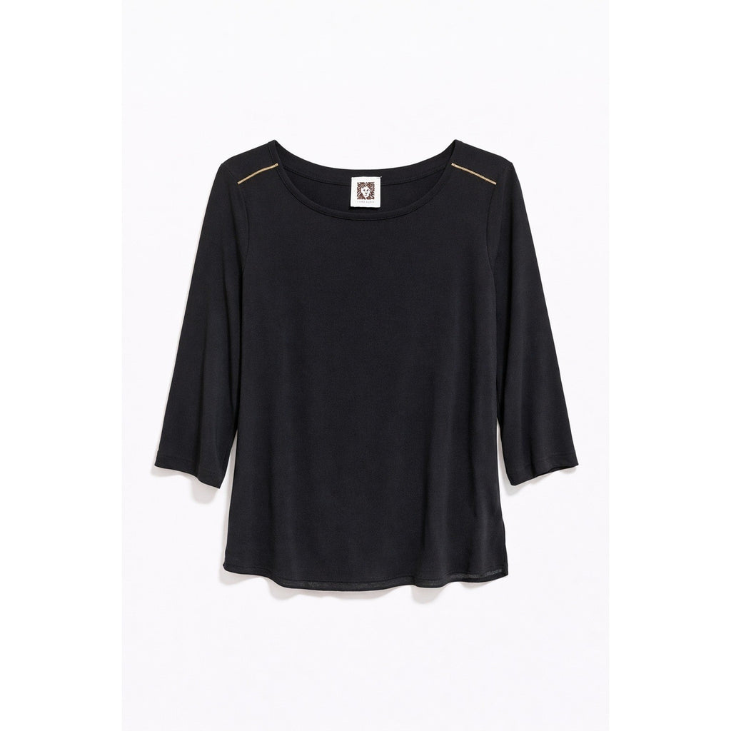 Anne Klein Black Blouse Gold Zip Shoulder Minimalist Chic Top Med Quiet Luxury