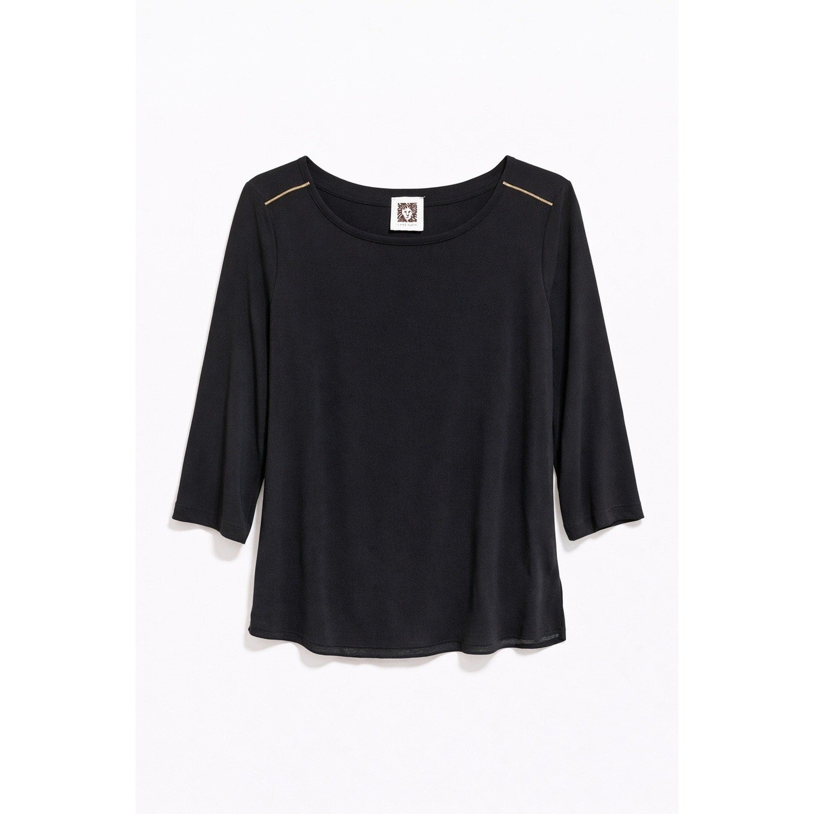 Anne Klein Black Blouse Gold Zip Shoulder Minimalist Chic Top Med Quiet Luxury